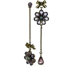 Vintage Betsey Johnson Amethyst Crystal and Silver Flower and Bow Drop Earrings